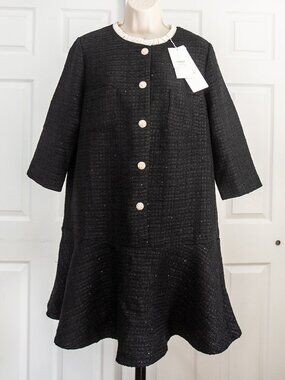 Black Tweed A-Line Coat Dress with Pearl-Style Buttons